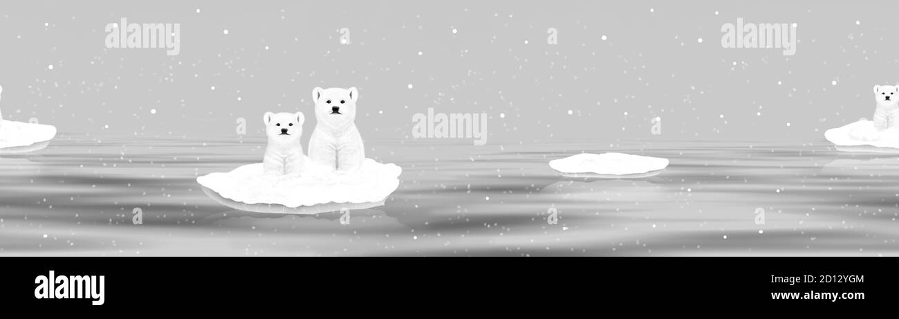Black and White Seamless Border with Polar Bears on the Ice Floes. Digital art. Stock Photo