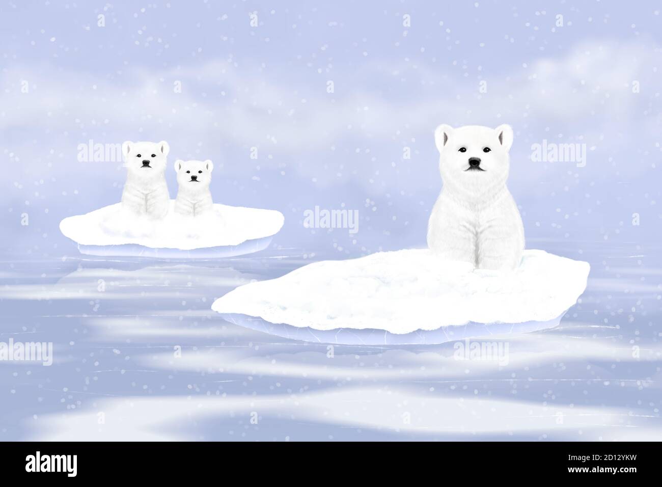 Three white polar bears on the snowy ice floes. Digital artwork. Stock Photo