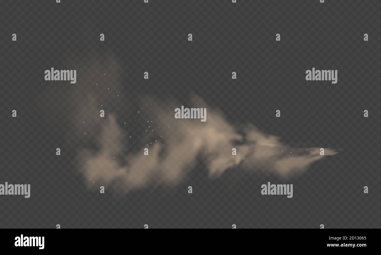 Dust cloud, sand storm, powder spray on transparent background. Desert