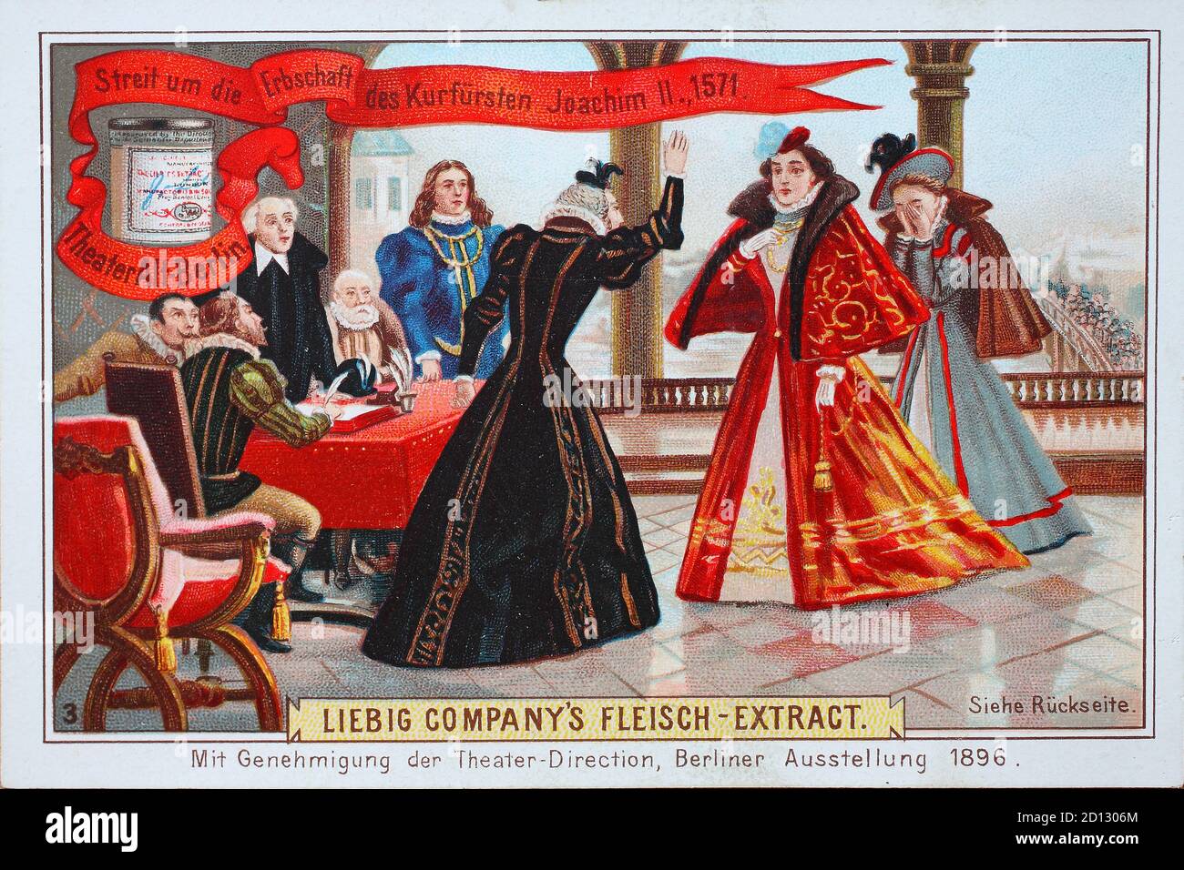 Photos Series Theater Alt-Berlin, controversy over the inheritance of the Elector Joachim II., 1571  /  Bilderserie Theater Alt-Berlin, Streit um die Erbschaft des Kurfürsten Joachim II., 1571, digital improved reproduction of a collectible image from the Liebig company, estimated from 1900, pd  /  digital verbesserte Reproduktion eines Sammelbildes von ca 1900, gemeinfrei Stock Photo