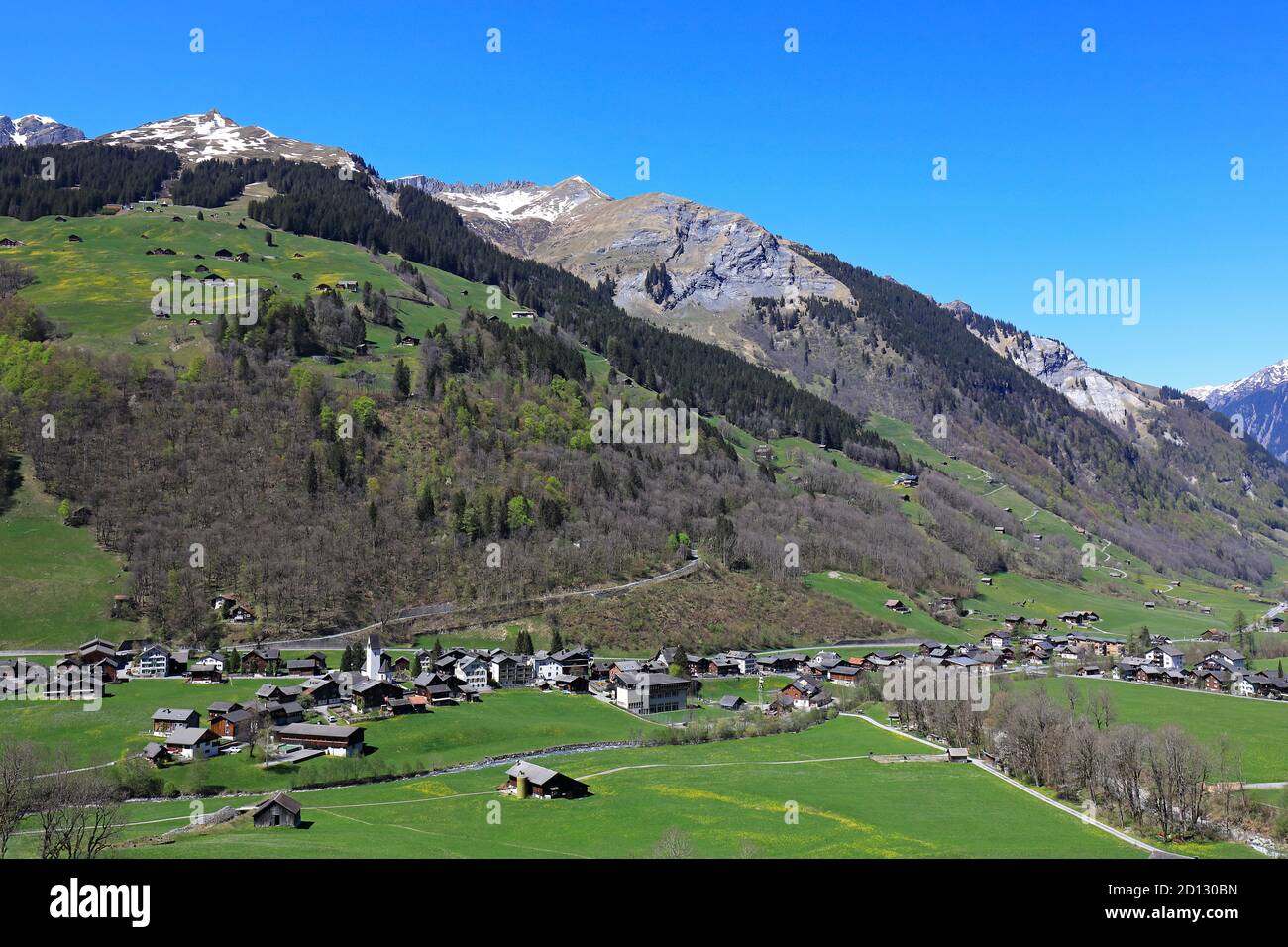 View to the village of Elm and mountains, Glarus, Switzerland Stock Photo
