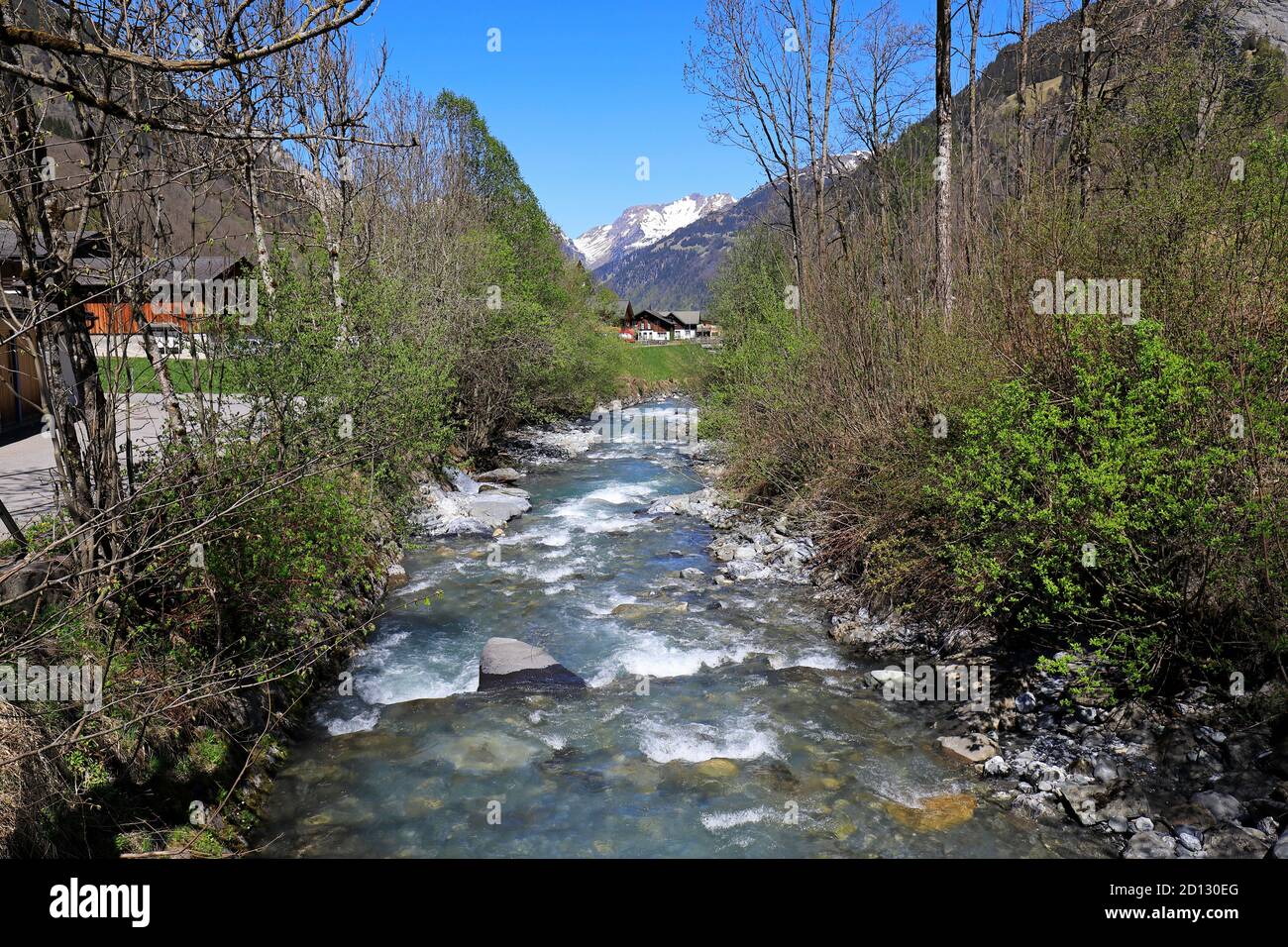 Sernf river with clear fresh water close to the village of Elm, Glarus, Switzerland Stock Photo
