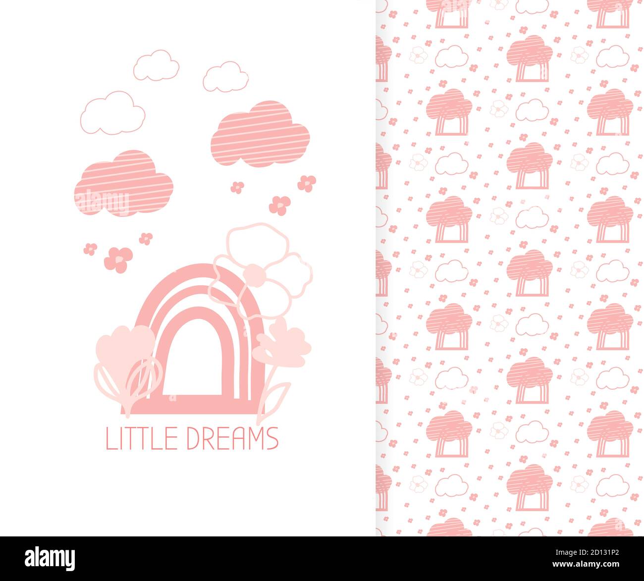Kids banner. Cute pink doodle cloud seamless pattern. Pastel tileable background of hand drawn clouds with lines, flower and rainbow. Great for fabric, paper print, wallpaper decor Vector illustration Stock Vector