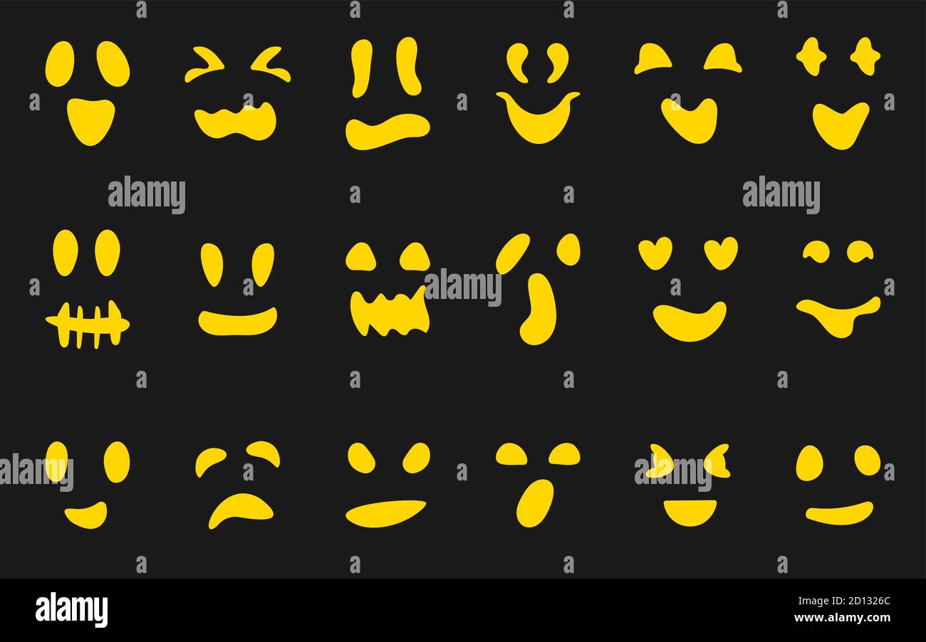 Set of carved silhouettes faces pumpkins or ghost. Yellow icons different shapes eyes mouths. Template for cutting pumpkin smile. Decor creepy funny cute Halloween Masks monsters. Vector illustration Stock Vector