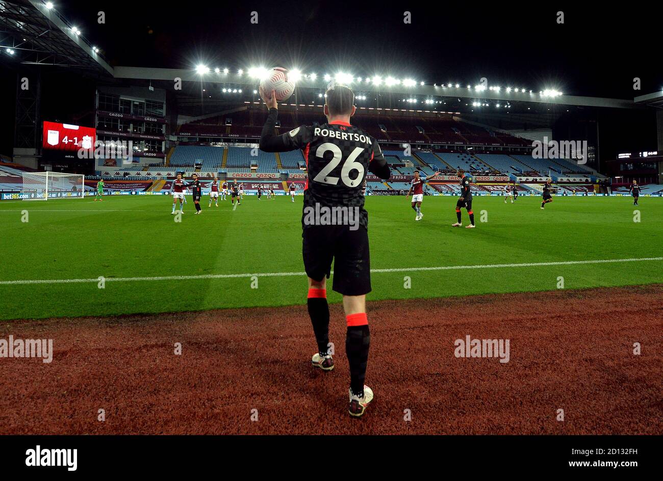 General view as Liverpool's Andrew Robertson looks to team-mates to pass to as he prepares to take a throw in during the Premier League match at Villa Park, Birmingham. Stock Photo