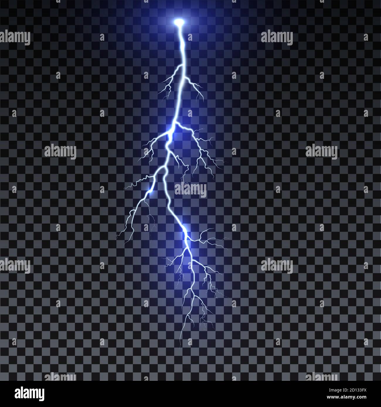 Realistic lightning. Thunder spark light on transparent background. Illuminated realistic path of thunder and many sparks. Bright curved line Stock Vector