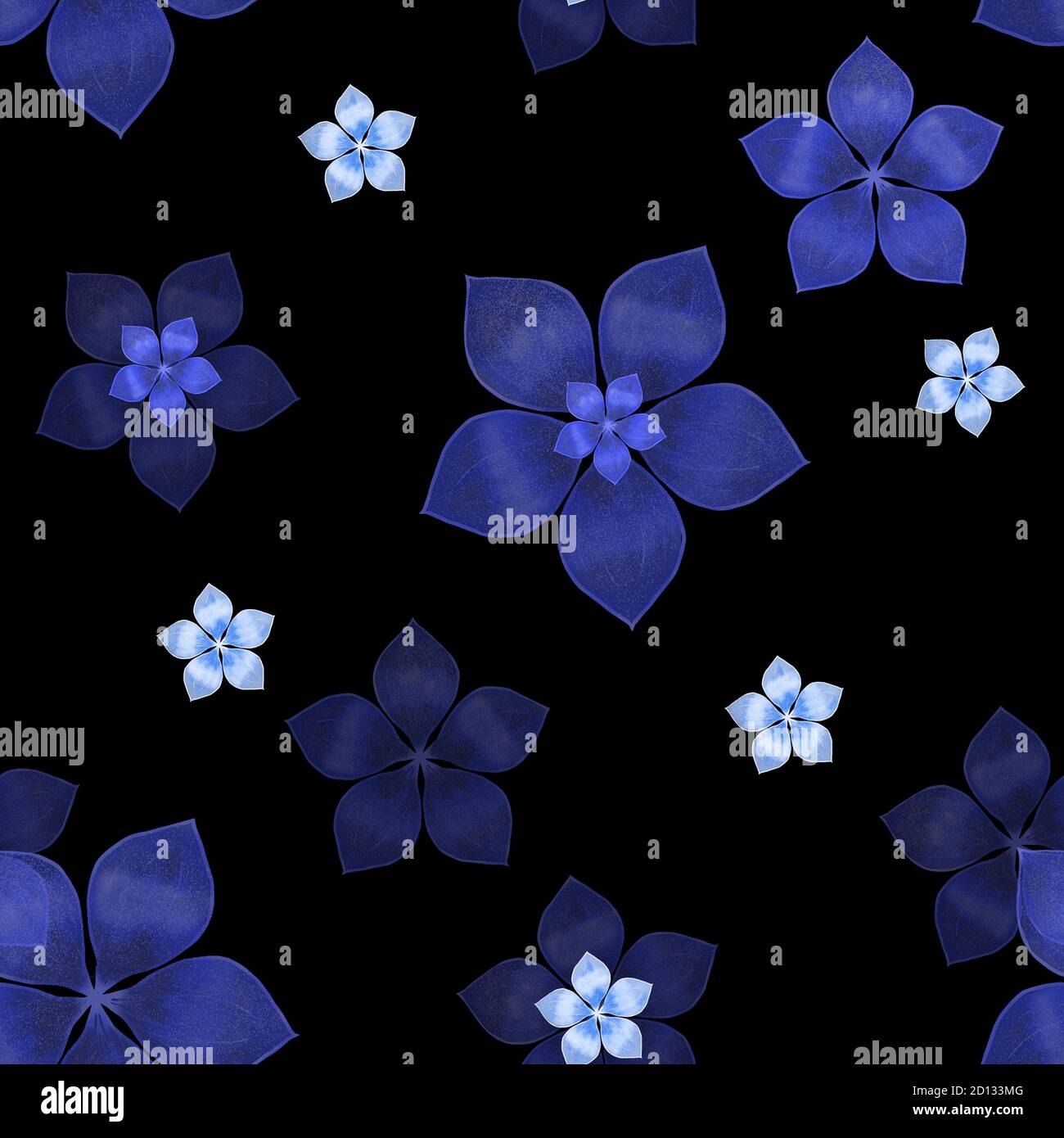 Blue translucent flowers on a black background. Floral seamless pattern. Stock Photo