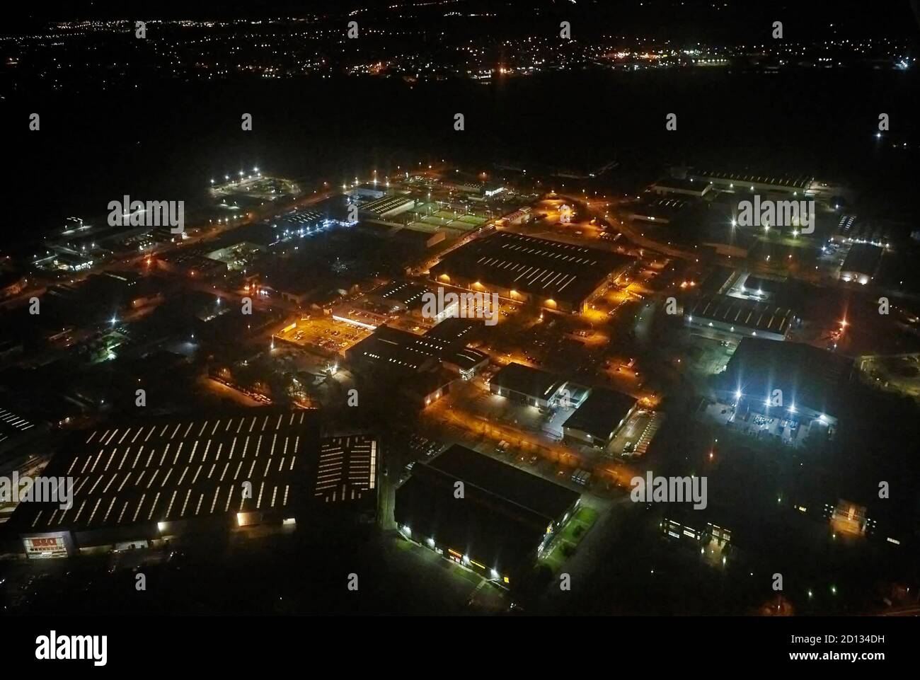 Aerial photography at night, of Chester industrial estate including B & Q, North West England, UK Stock Photo