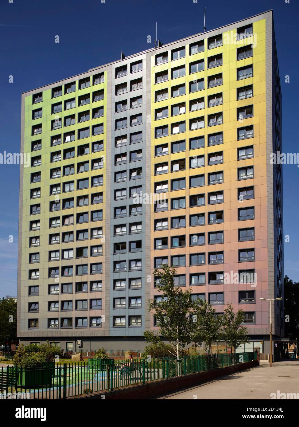 Re-clad residential tower block, Stockport, north west England, UK Stock Photo