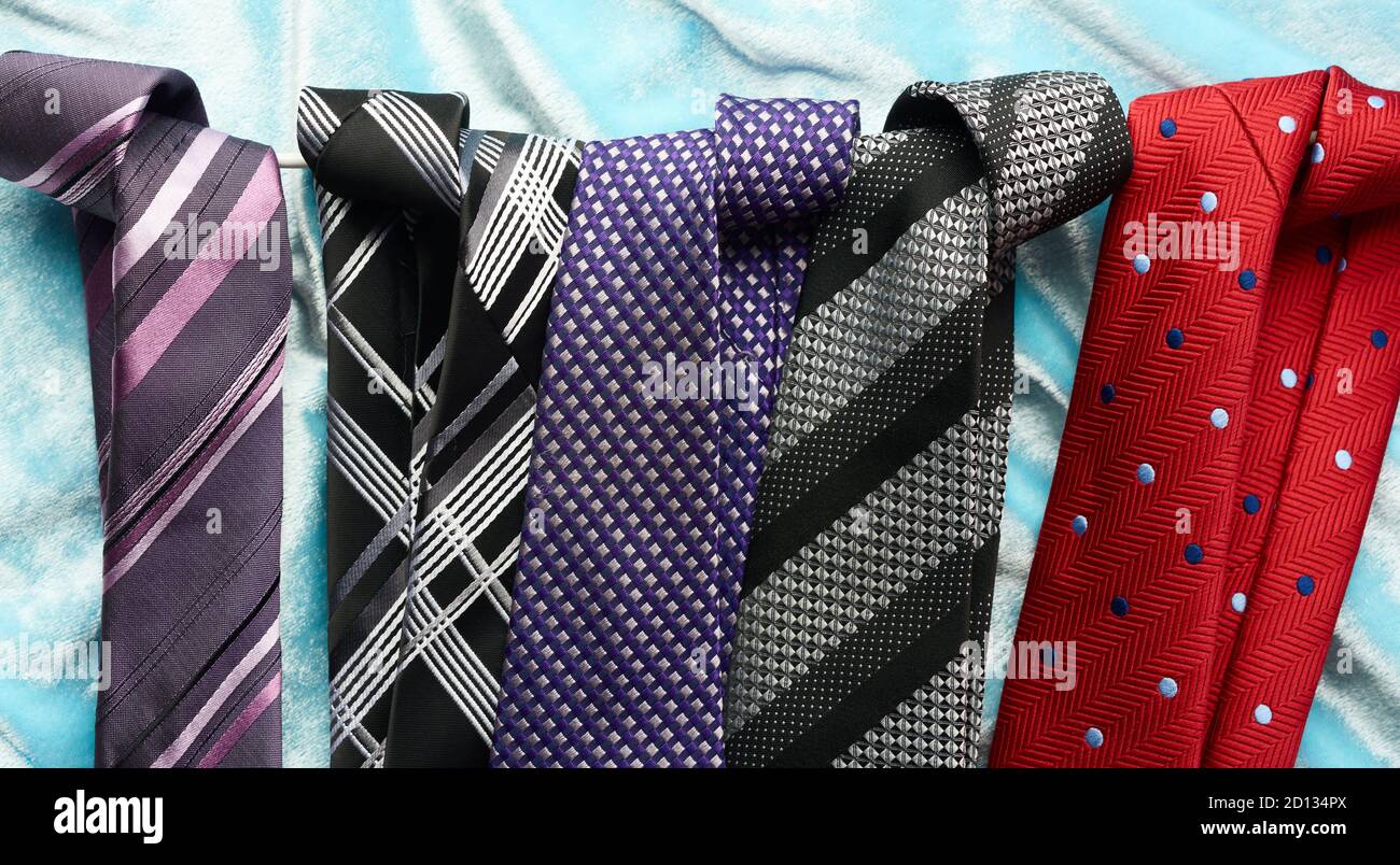 various men's silk ties, top view, close up Stock Photo Alamy