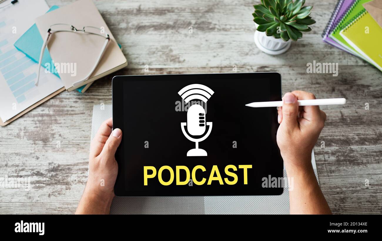 Podcast - audio or video recordings, TV or radio broadcasts, lectures, speeches and other events Stock Photo