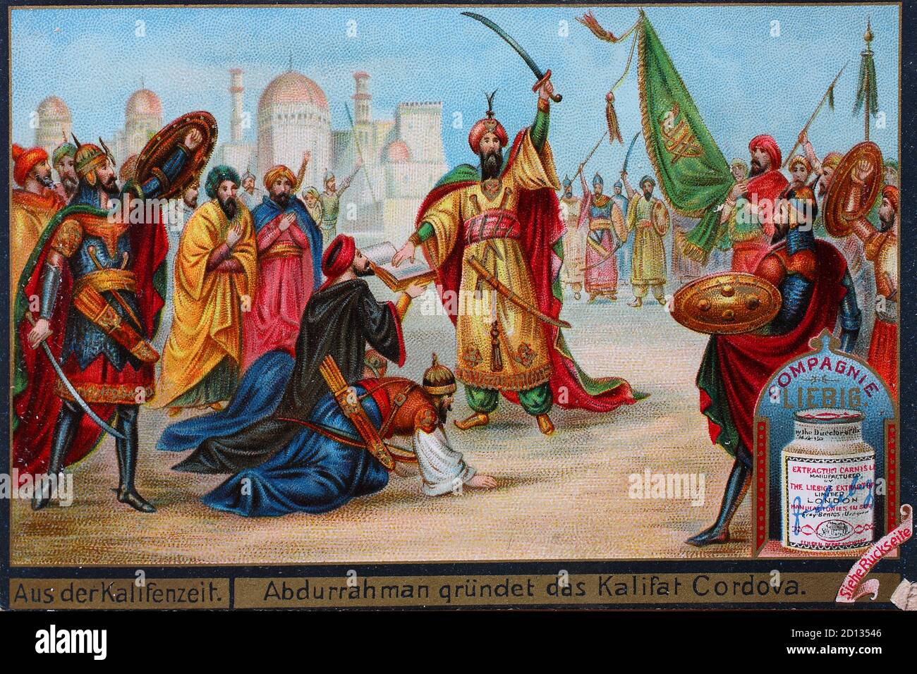 Picture series from the Caliph time, Abdurrahman founded the Caliphate Cordova, Cordoba, Islamic state on the territory of the Iberian Peninsula from 929 to 1031, Spain  /  Bilderserie Aus der Kalifenzeit, Abdurrahman gründet das Kalifat Cordova, islamischer Staat auf dem Gebiet der Iberischen Halbinsel von 929 bis 1031, Spanien, digital improved reproduction of a collectible image from the Liebig company, estimated from 1900, pd  /  digital verbesserte Reproduktion eines Sammelbildes von ca 1900, gemeinfrei Stock Photo