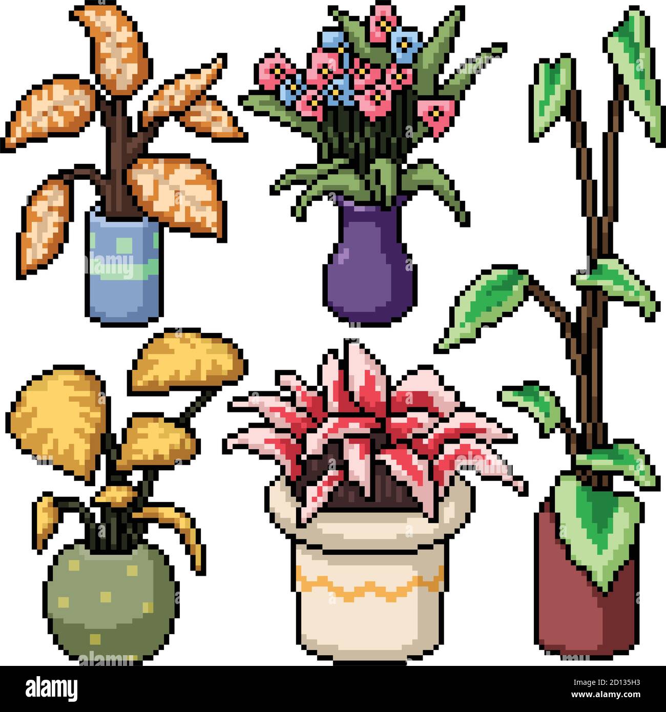 pixel art set isolated plant decoration Stock Vector