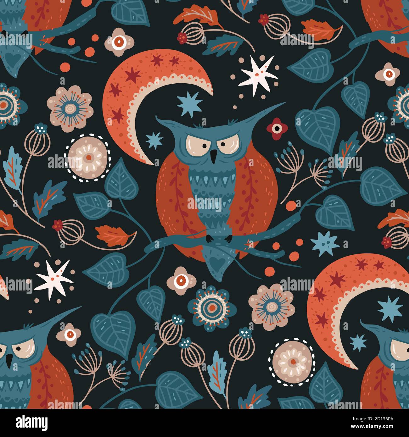 Nordic scandinavian wild owl bird seamless vector pattern. Hand drawn cute  cartoon illustration on a dark background Stock Vector Image \u0026 Art - Alamy, image size:1300x1390