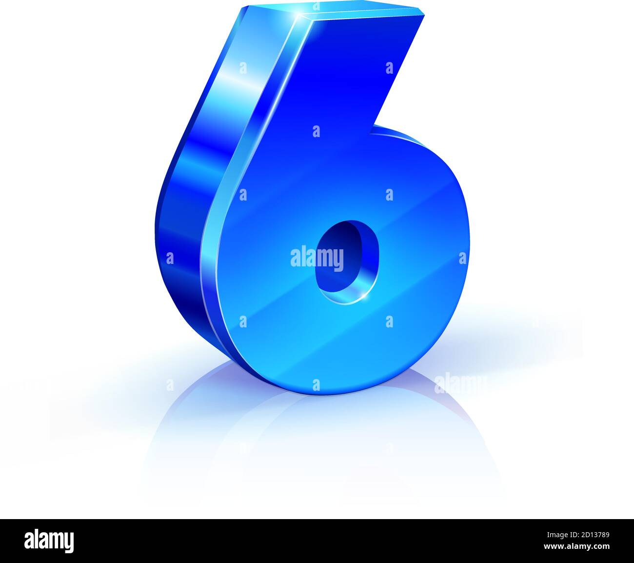 Glossy blue Six 6 number. 3d Illustration on white background. Stock Vector