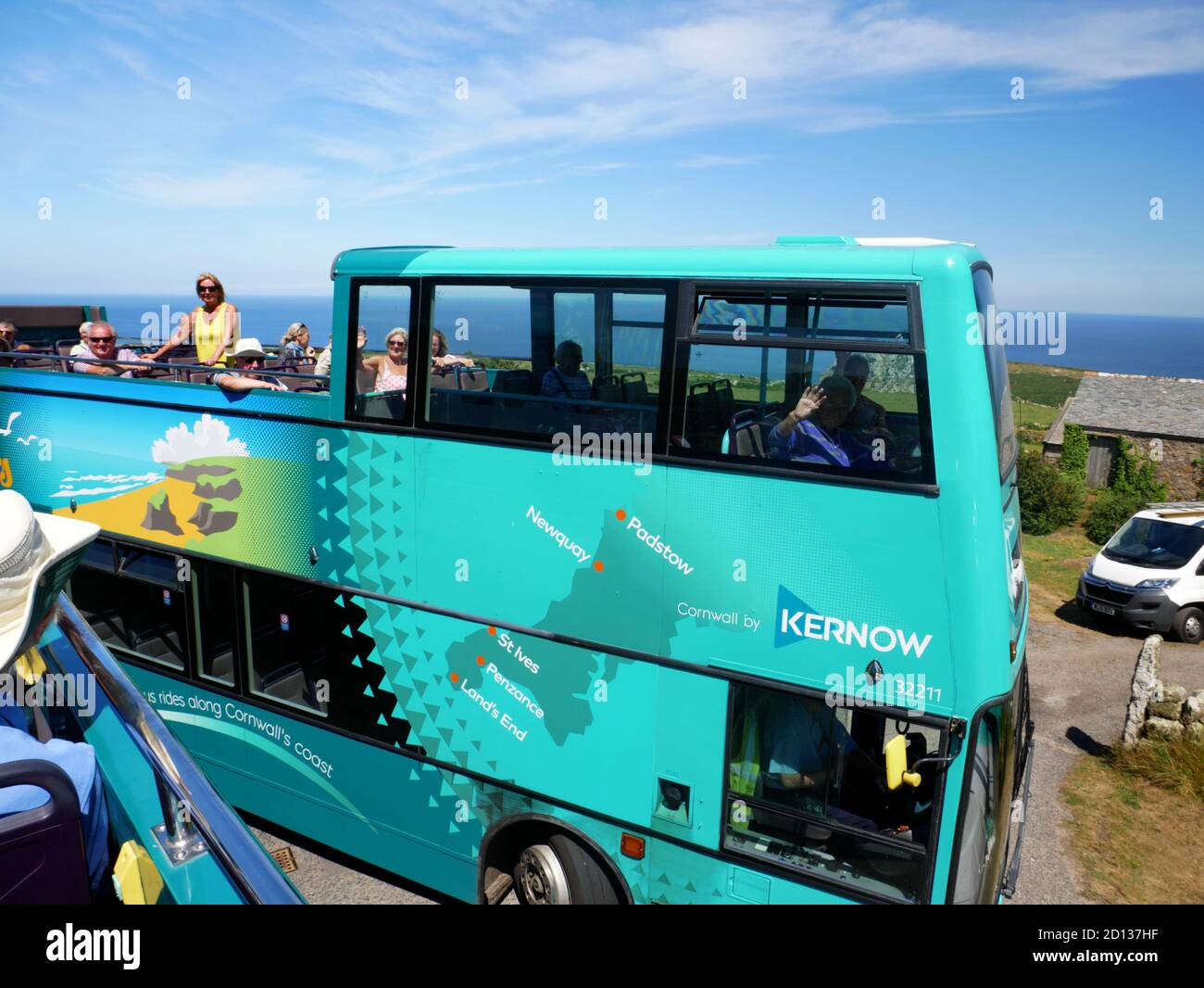 First Kernow Atlantic Coaster open top bus between Land's End and St Ives. Stock Photo