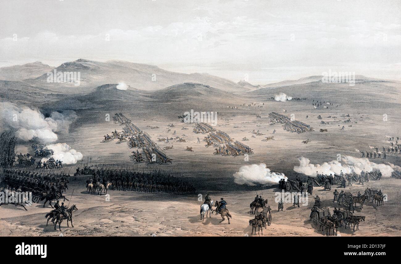 Charge of the Light Cavalry Brigade, 25th October, 1854.  After a painting by William Simpson.  The failed Charge of the Light Brigade during the Battle of Balaclava in the Crimean War. Stock Photo