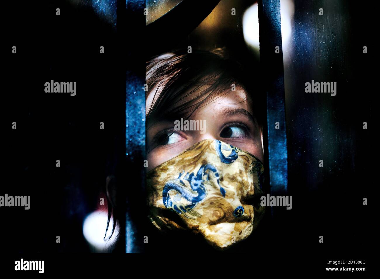 11 year-old boy wearing face mask / covering. Stock Photo