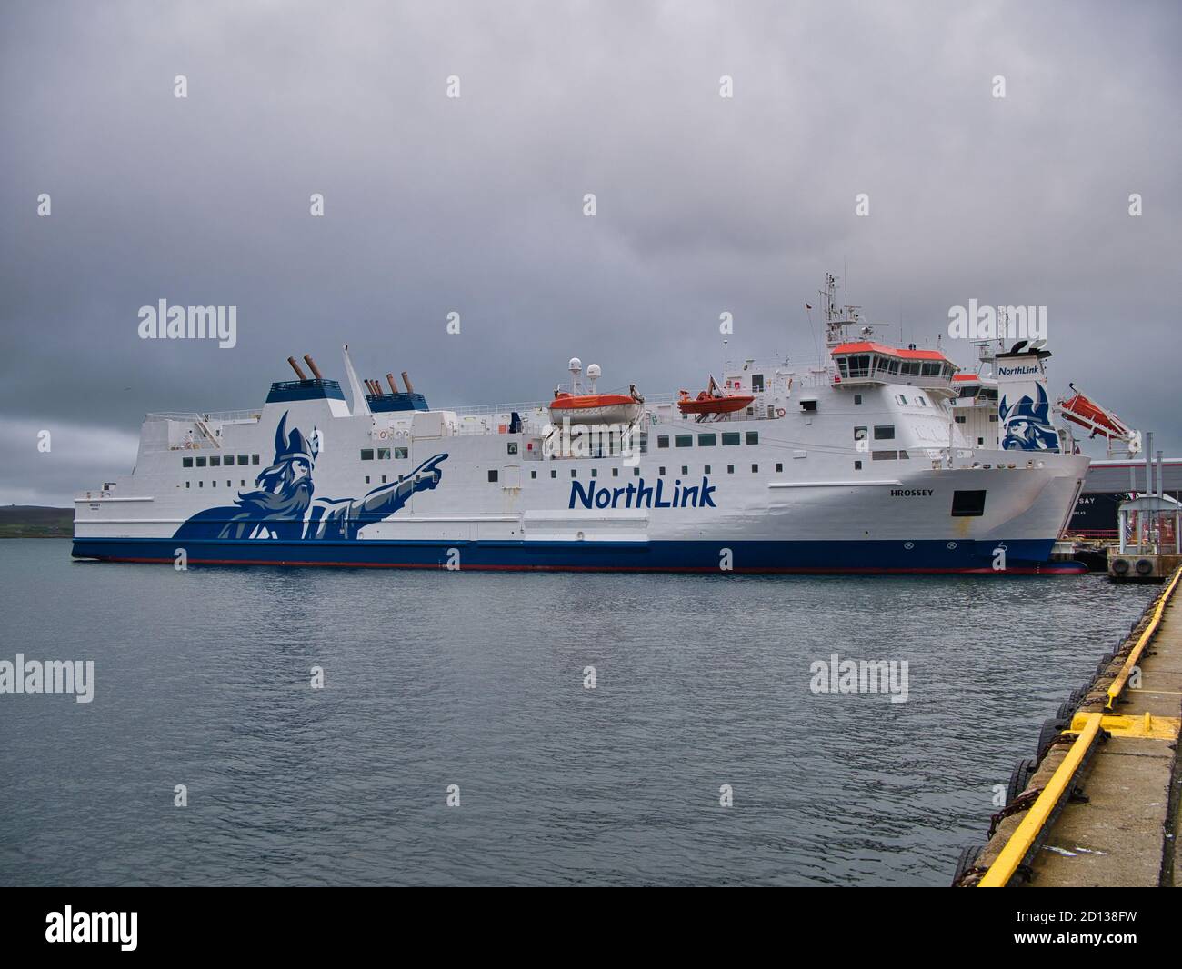 The Northlink roll-on / roll-off ferry Hrossey moored at the Holmsgarth Ferry Terminal in Lerwick, Shetland, Scotland, UK Stock Photo