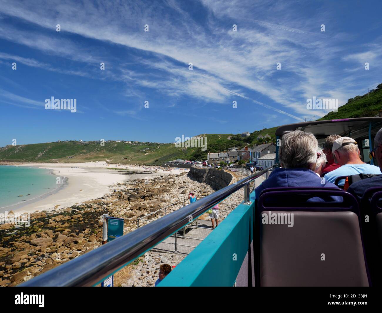 The Atlantic Coaster open top 'bus at Sennen Cove, near Land's End, Cornwall. Stock Photo