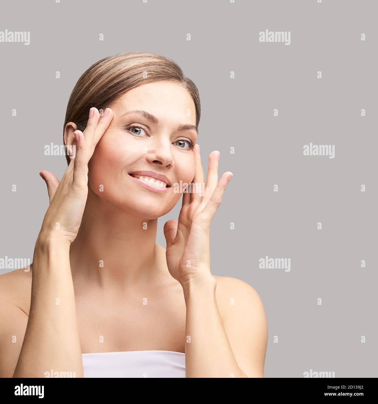 Happy Pretty Woman Hands Near Face Skincare Concept Home Morning