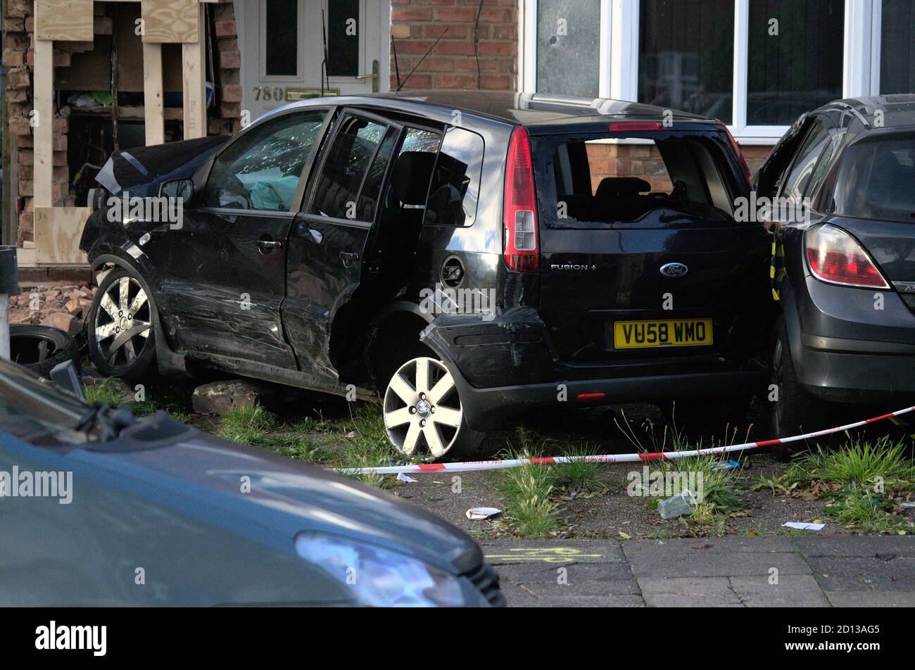 The remains of a Ford Fusion after a 15-year old crashed the car into a house in Kingstanding, Birmingham and ruptured a gas main Stock Photo