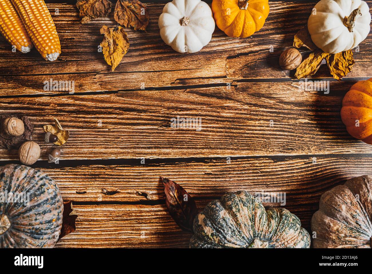 Happy Thanksgiving Day with pumpkin and nut on wooden table Stock Photo ...