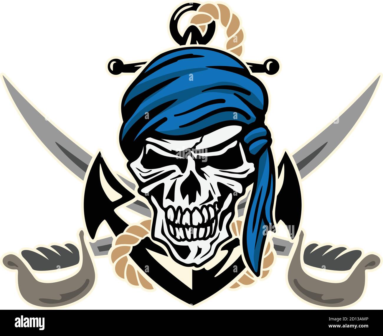 Pirate Skull with Anchor, Rope and Crossed Swords Isolated Vector Illustration Stock Vector