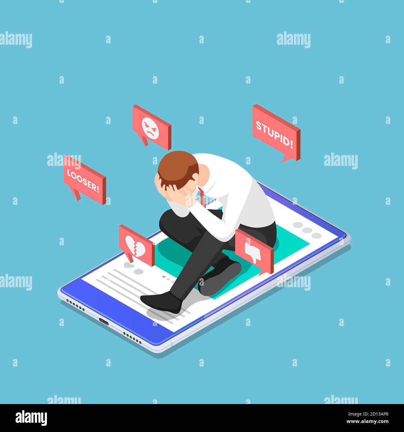 Flat 3d Isometric Depressed Businessman Sitting on The Smartphone with Hate  Speech from Social Media. Social Network and Cyberbullying Concept Stock  Vector Image & Art - Alamy