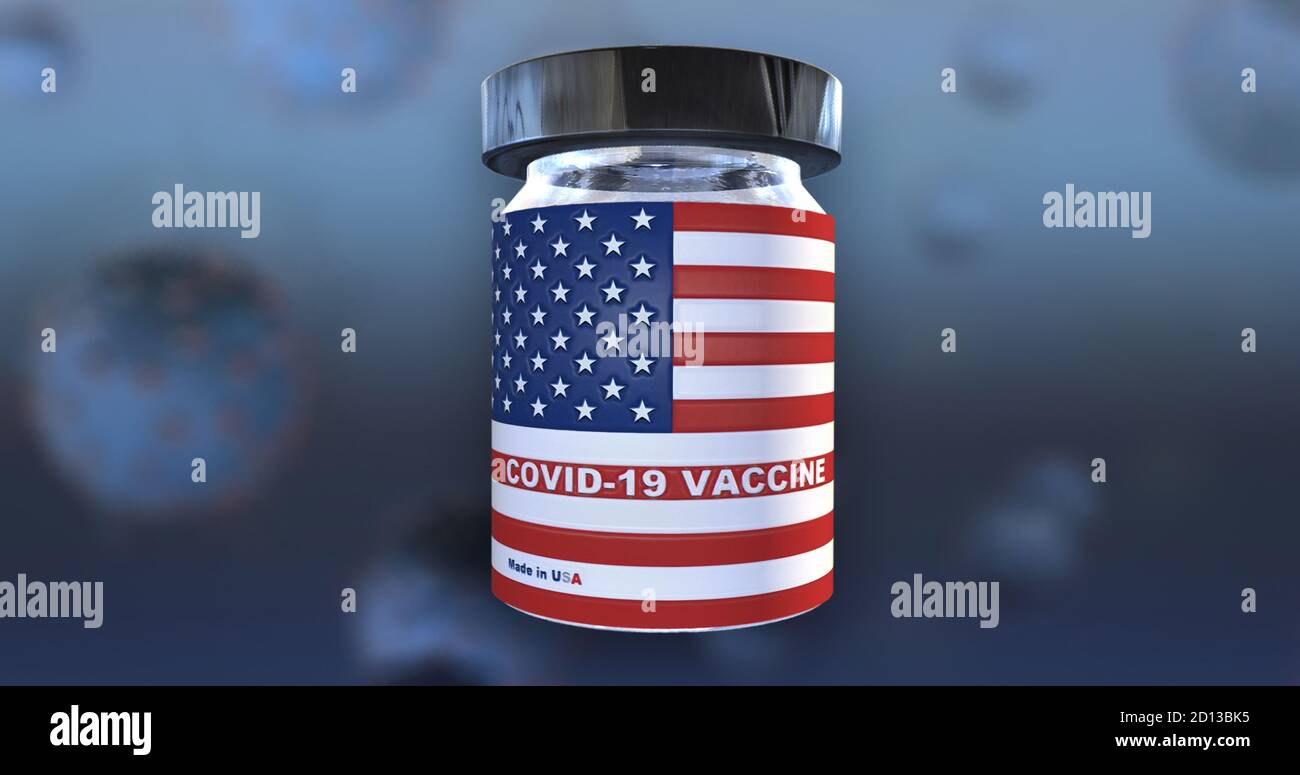 Made in USA, 3D Illustration of Covid-19 vaccine bottle with the flag of United States of America on blue background with blurry virus cells Stock Photo