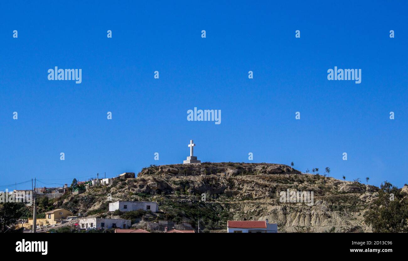 Large Religious Cross on Top of a Hill in Albox, Almeria Province, Andalucía, Spain Stock Photo