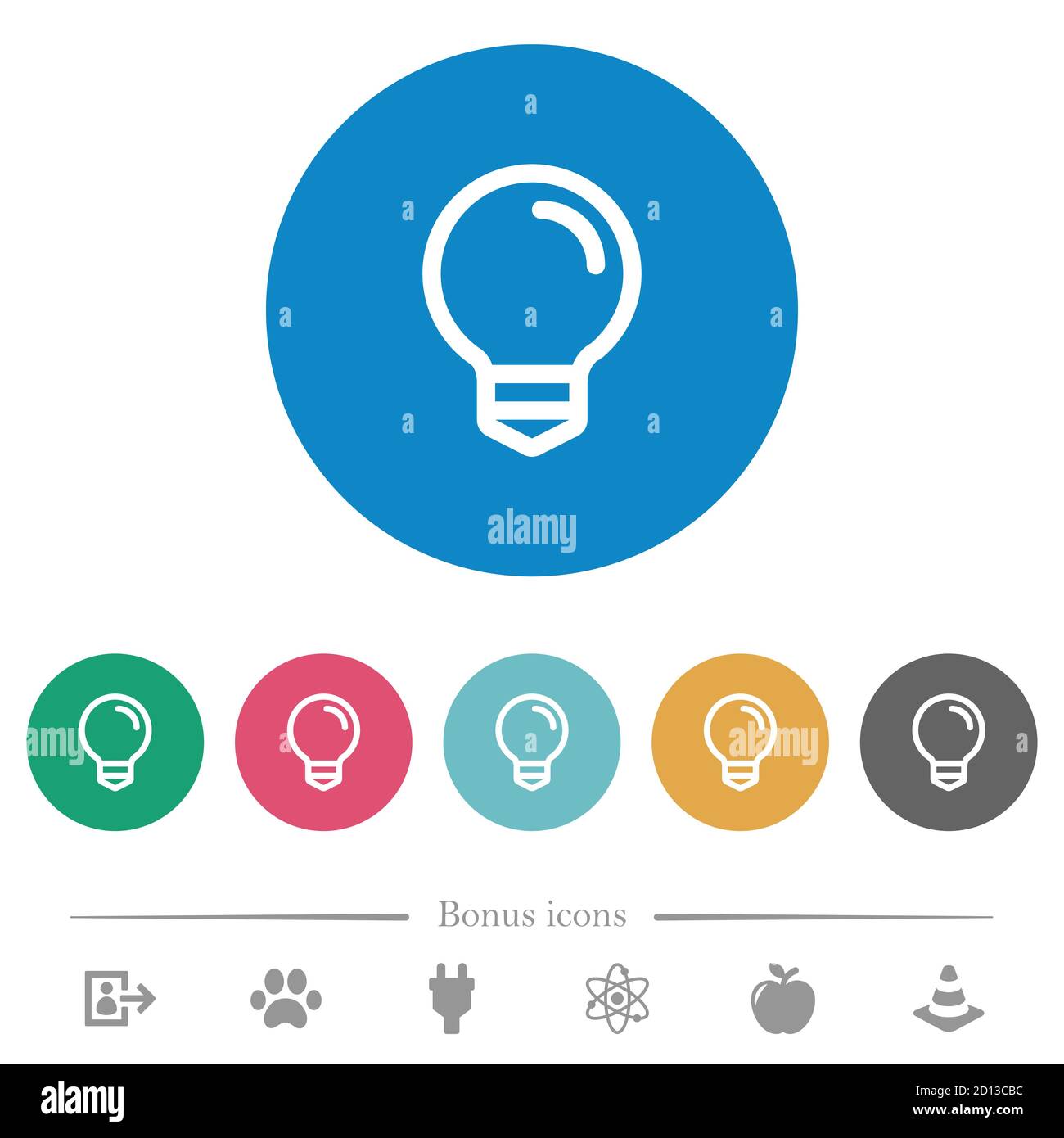 Light bulb flat white icons on round color backgrounds. 6 bonus icons ...