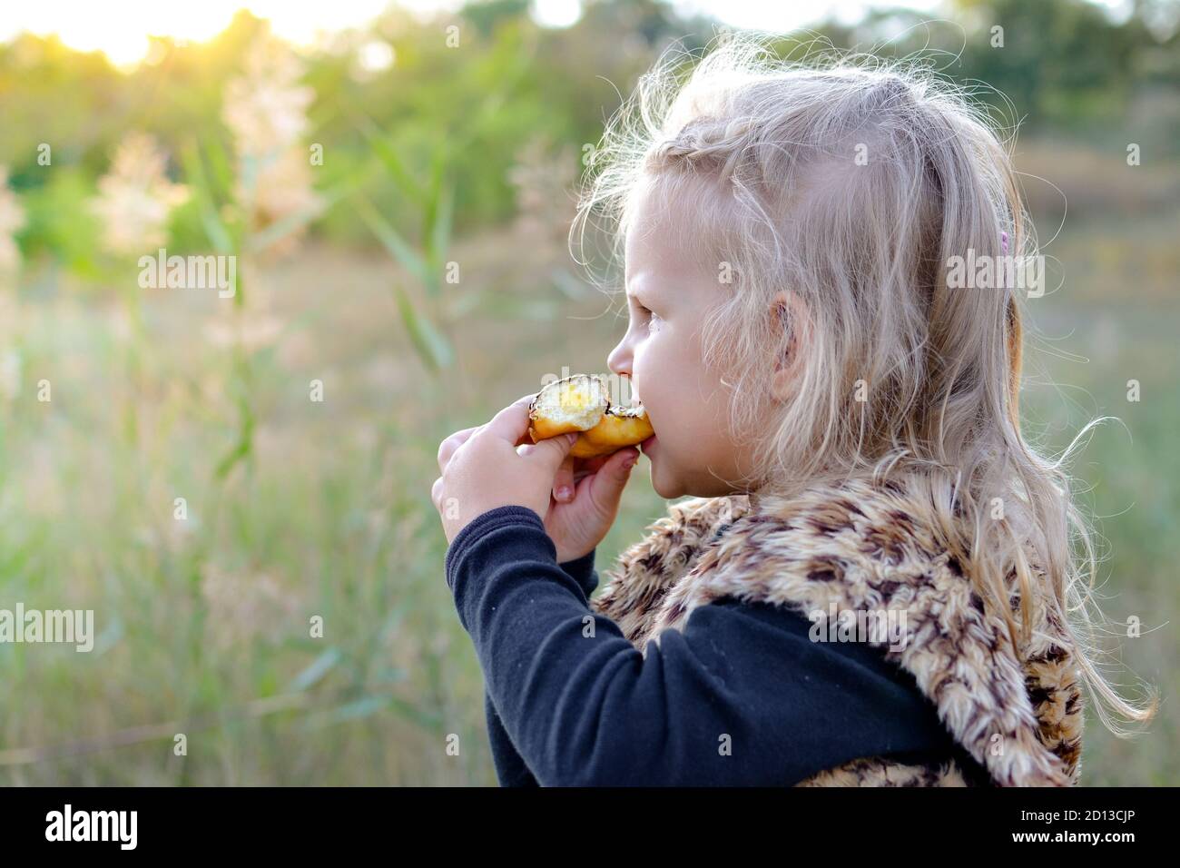 Girl outdoors in nature. Beautiful girl 3 years old. Autumn photo. Children's emotions. Girl eating donut Stock Photo