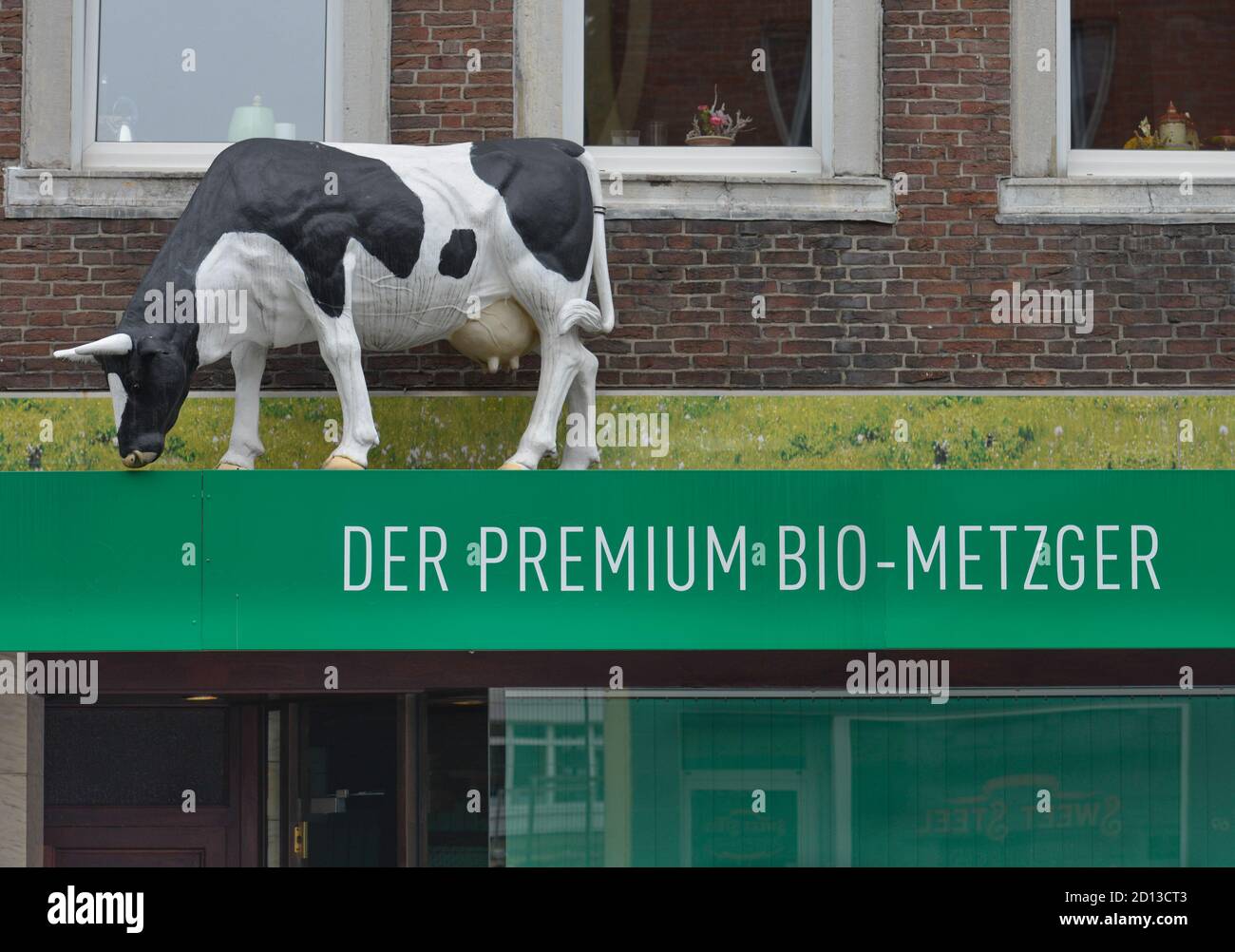 Cow biobutcher Flying, advertisement, Sandkaulstrasse, Aachen, North Rhine-Westphalia, Germany, Kuh Biometzger Stoebe, Werbung, Nordrhein-Westfalen, D Stock Photo