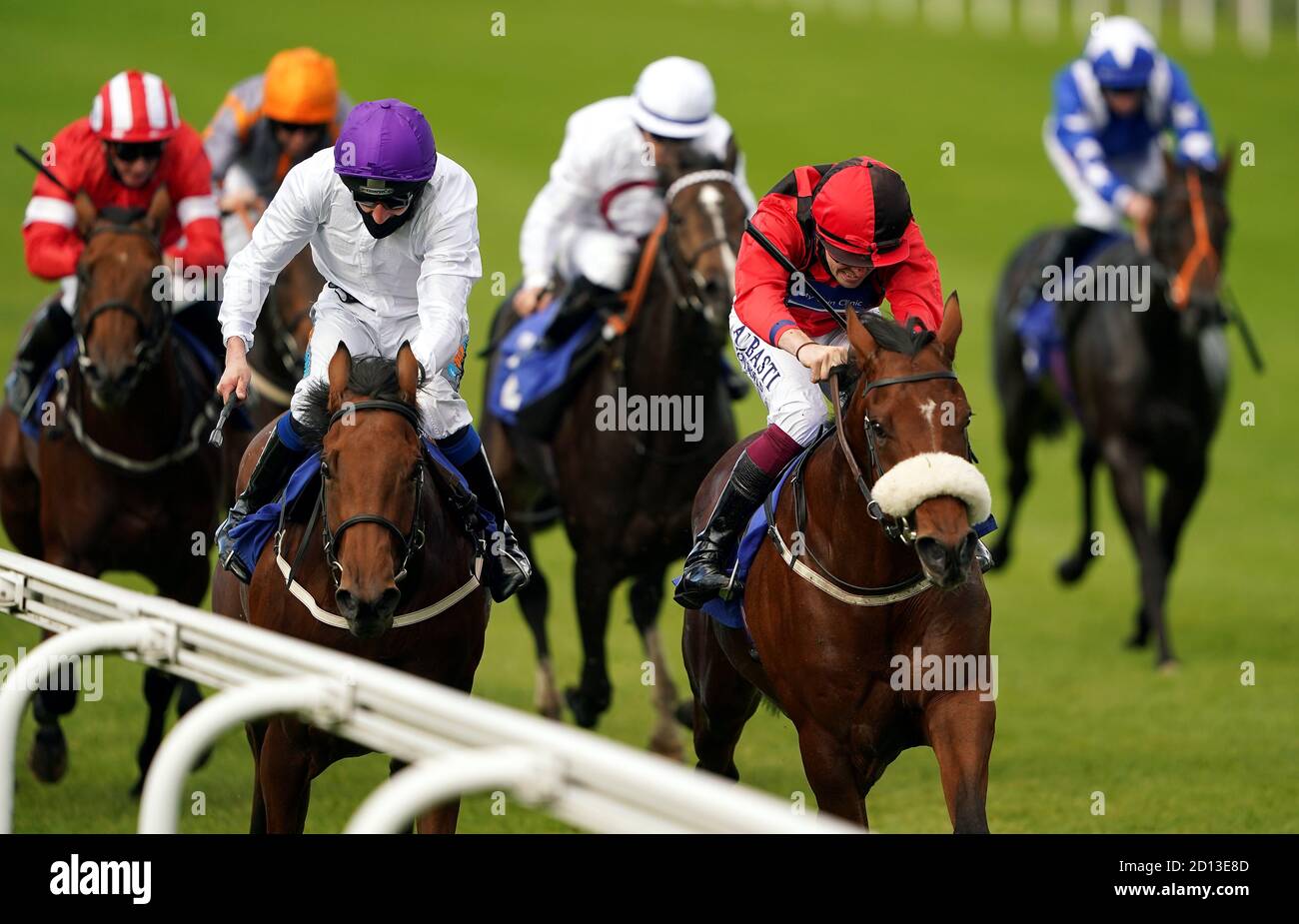 Tahonta ridden by jockey Kevin Stott (second right) on the way to winning the Dianne Nursery Handicap at Pontefract Racecourse. Stock Photo