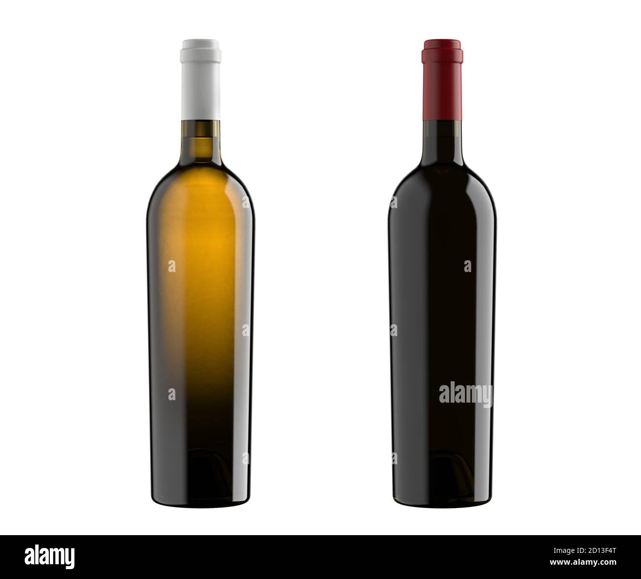 Collection Bottles of red and white wine, tipe bordolese conical, isolated on a white background, to make packshot and mockup, 3d render. Stock Photo