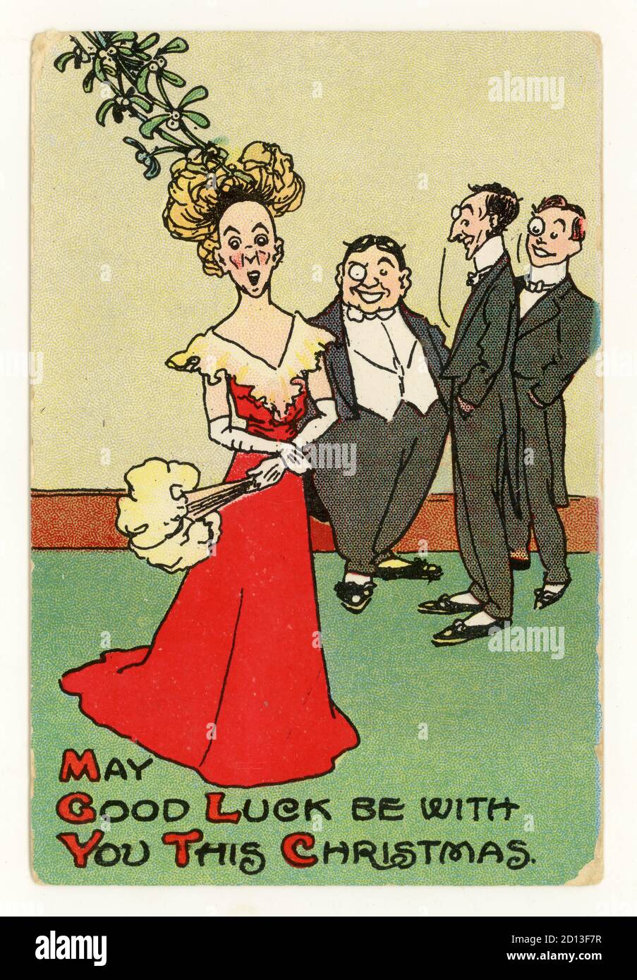 Early 1900's Edwardian comic Christmas greetings card unattractive woman under mistletoe, postcard, UK, possibly anti-suffragette in depicting an unloved, unattractive woman, circa 1908, 1909 Stock Photo