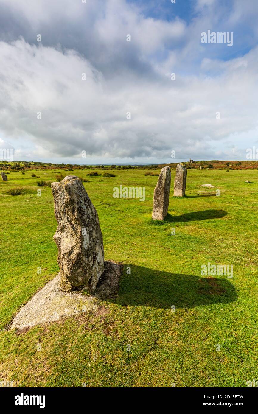 'The Pipers' bronze age standing stones at Minions on Bodmin Moor, Cornwall, UK Stock Photo