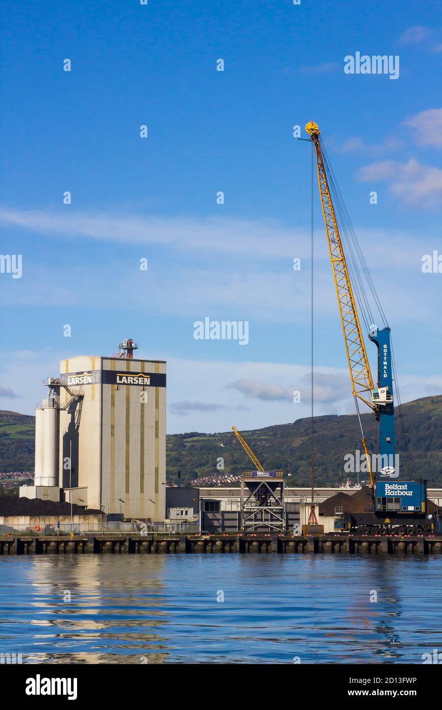 27 September 2020 A view across Belfasts dockland from HMS Caroline in the Titanic Quarter showing the Gotswald crane with Carrs Glen and Napoleon's N Stock Photo