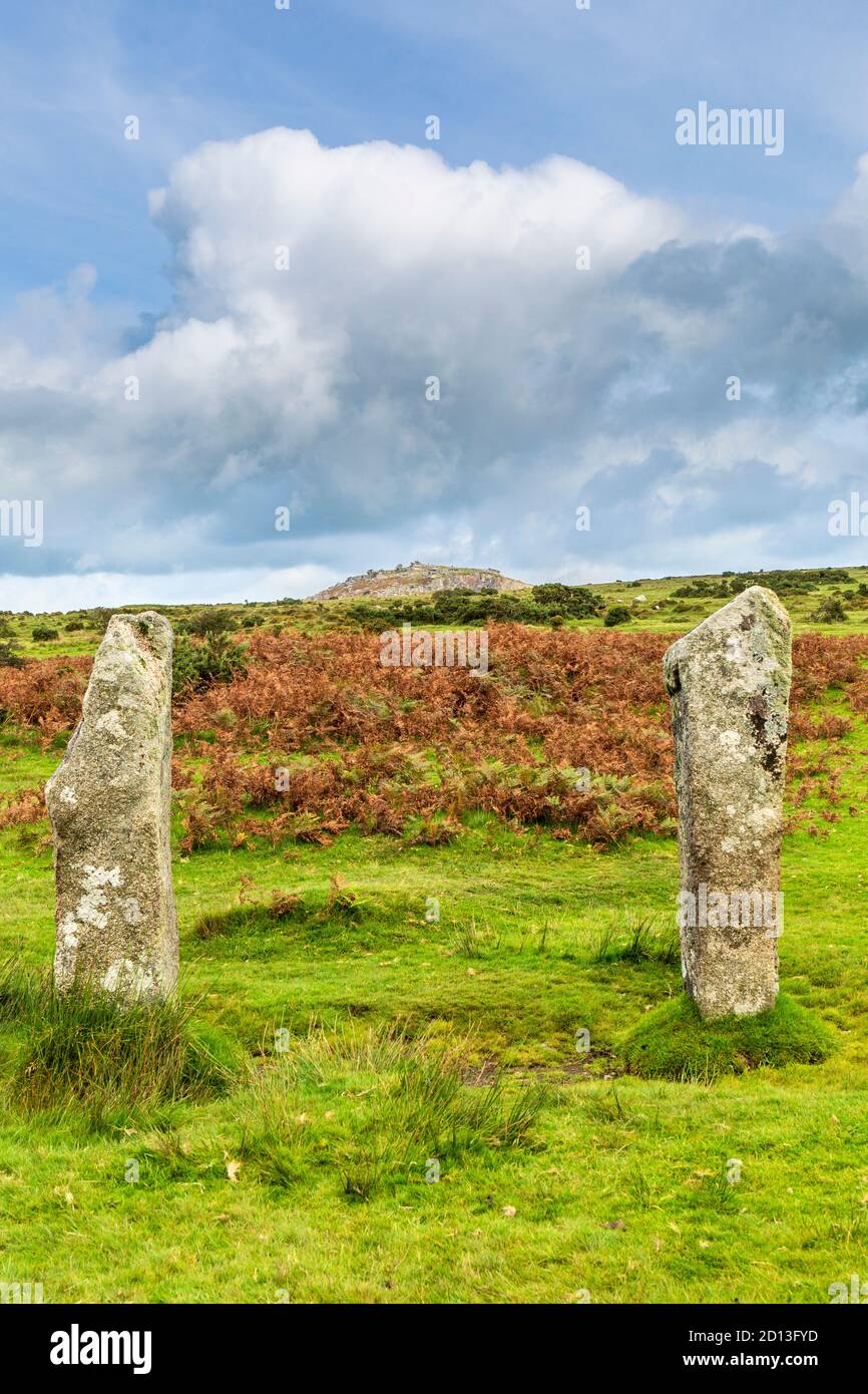 'The Pipers' bronze age standing stones at Minions on Bodmin Moor, Cornwall, UK Stock Photo