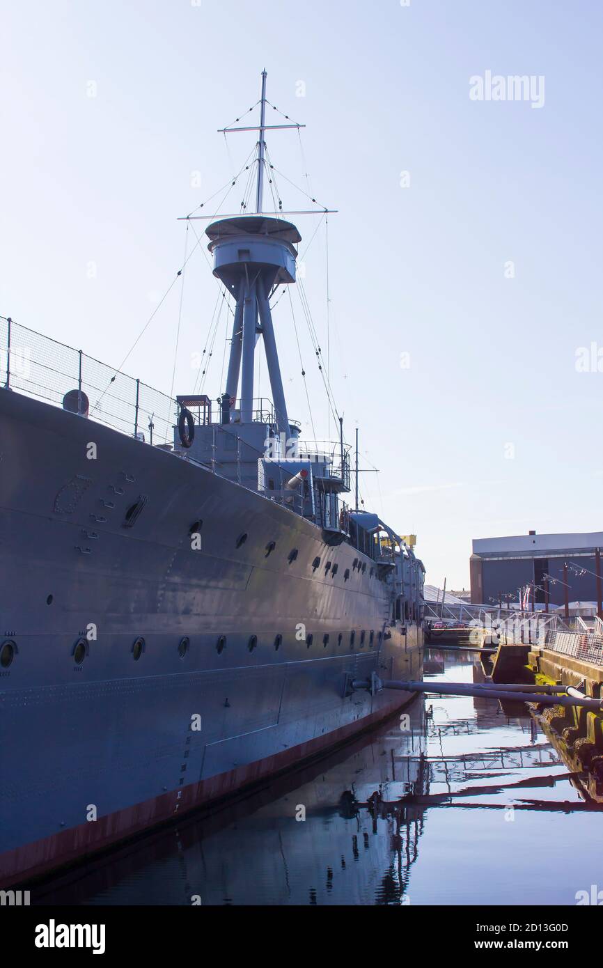 27 September 2020 HMS Caroline, a decommissioned C-class light cruiser of the Royal Navy, now a National Museum ship and permantly berthed in the Alex Stock Photo
