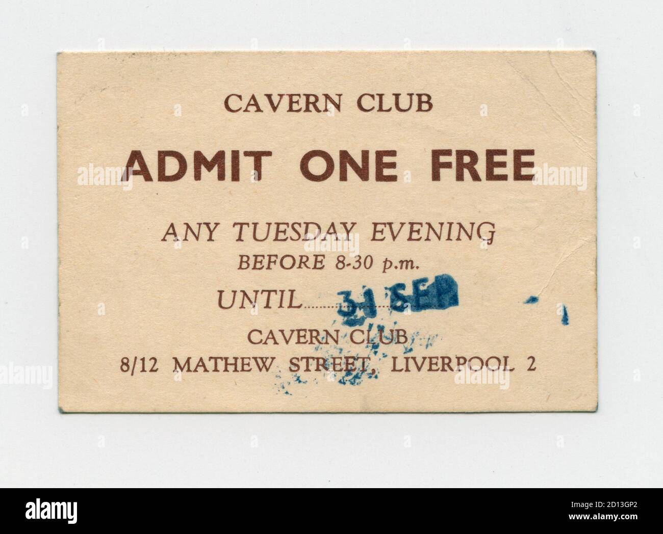 Vintage free entry ticket to the original Cavern Club on Mathew Street in Liverpool dated September 1965 with the text Admit One Free any Tuesday evening before 8:30 p.m. Stock Photo