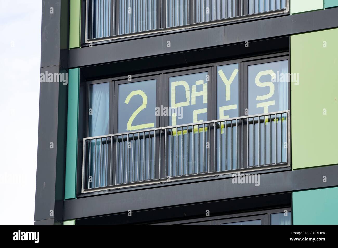 Edinburgh, Scotland, UK. 5 October, 2020. Message in window of Napier University's Bainfield Student apartments at Fountainbridge stating that their period of self-isolation has 2 days remaining. Students at Scottish universities were told to self-isolate after several outbreaks of Covid-19 were recorded. Iain Masterton/Alamy Live News Stock Photo