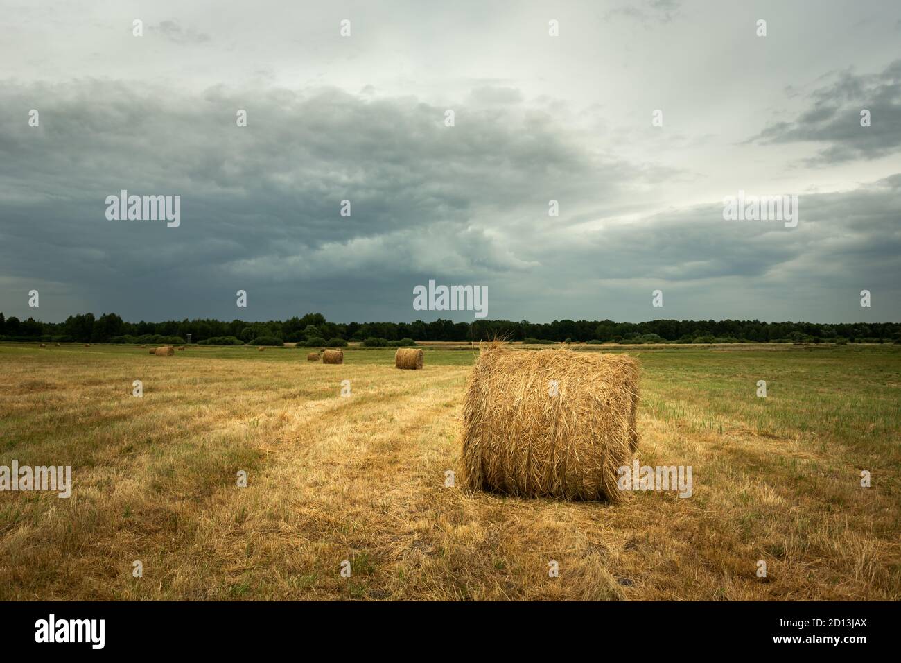 Hay bales in the field and cloudy sky Stock Photo - Alamy
