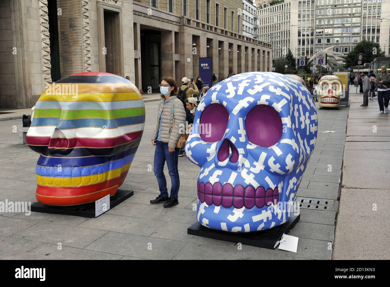 Milan (Italy), in occasion of the 'Design Week', open air exibition 'The skull parade, the temple of vanities', created by the artists of Viareggio carnival and ispired by Mexican folk tradition of the Day of Deads (October 2020) Stock Photo
