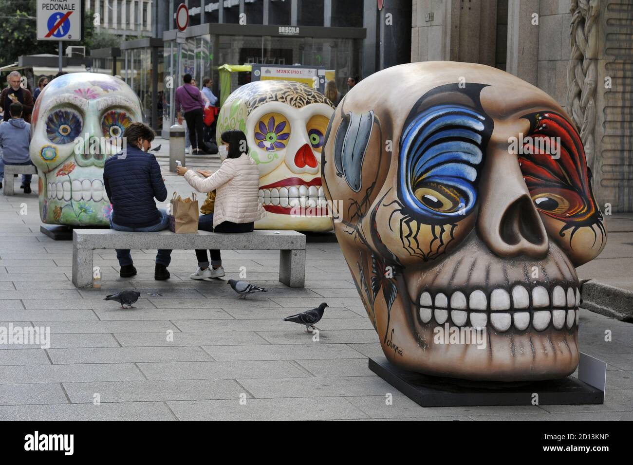 Milan (Italy), in occasion of the 'Design Week', open air exibition 'The skull parade, the temple of vanities', created by the artists of Viareggio carnival and ispired by Mexican folk tradition of the Day of Deads (October 2020) Stock Photo