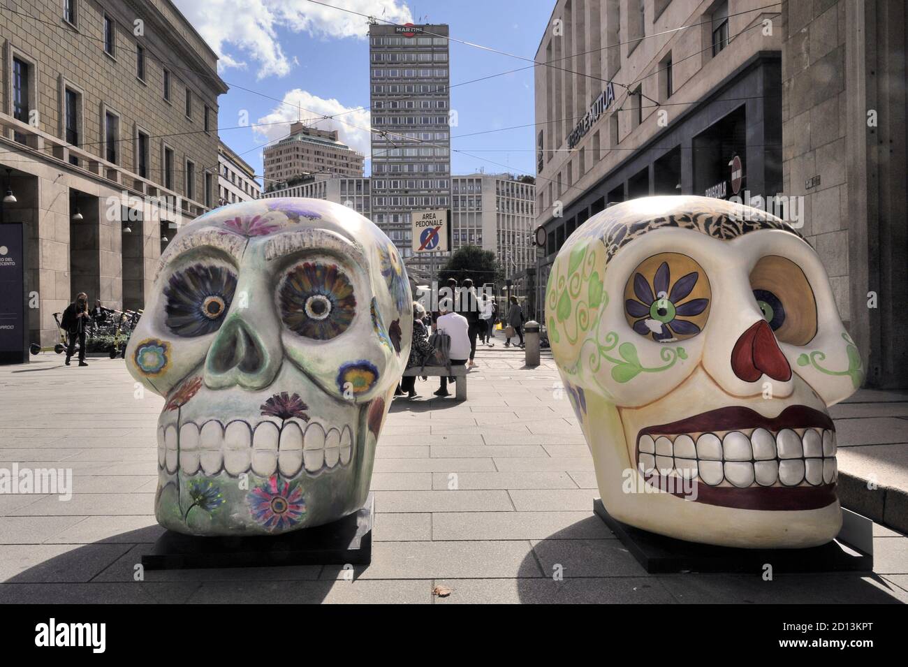Milan (Italy), in occasion of the "Design Week", open air exibition "The skull parade, the temple of vanities", created by the artists of Viareggio carnival and ispired by Mexican folk tradition of the Day of Deads (October 2020) Stock Photo