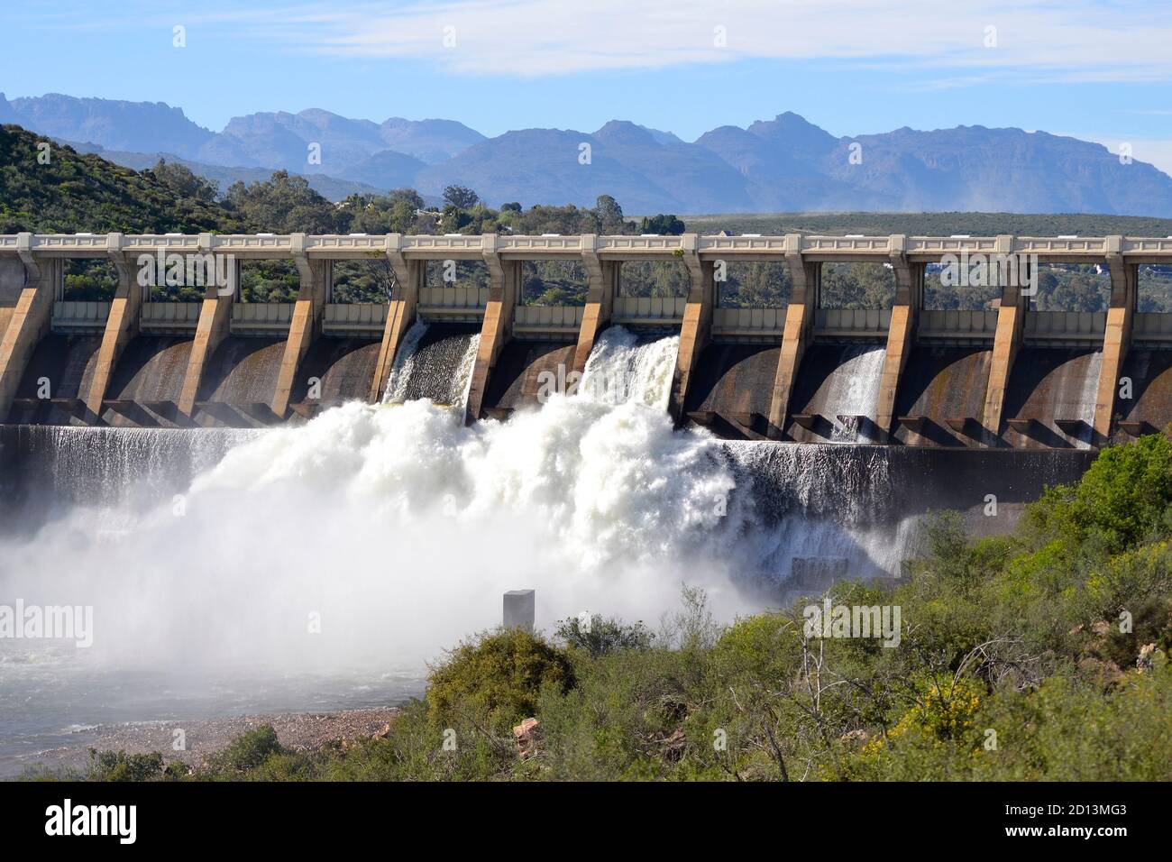 Sluices are opened at the Clanwilliam Dam in the Western Cape, South Africa to release excess water Stock Photo