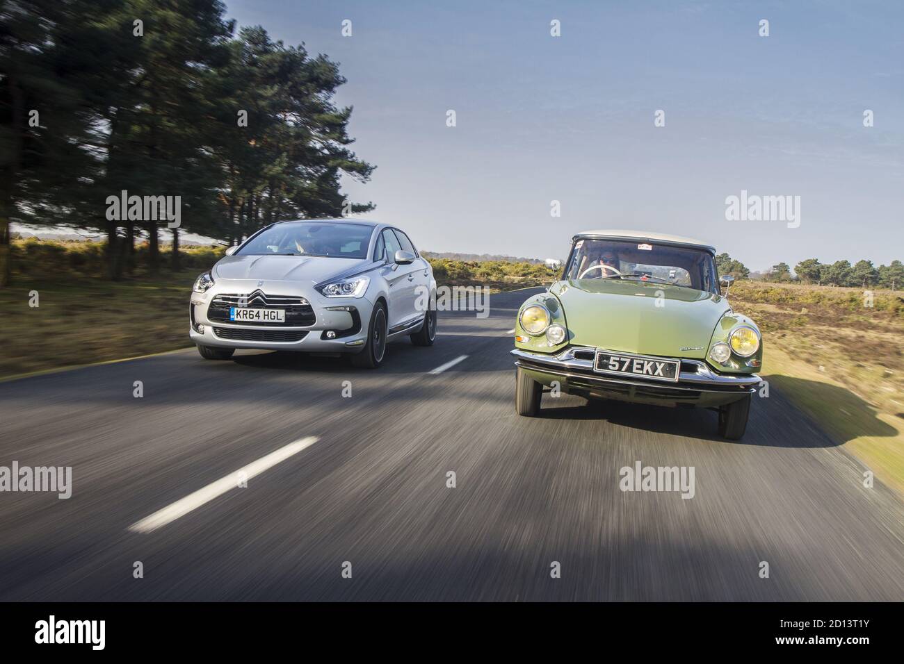 Citroen DS19 and Citroen DS5 , New Forest, UK, March 2015 Stock Photo