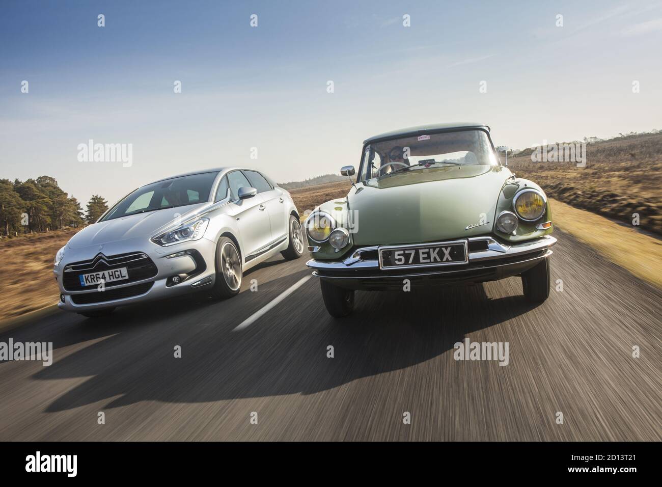 Citroen DS19 and Citroen DS5 , New Forest, UK, March 2015 Stock Photo